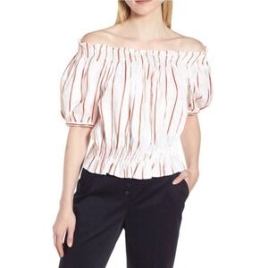 LEWIT Puff Sleeve Crop Top Womens Small White Red Striped Open Neck Blouse